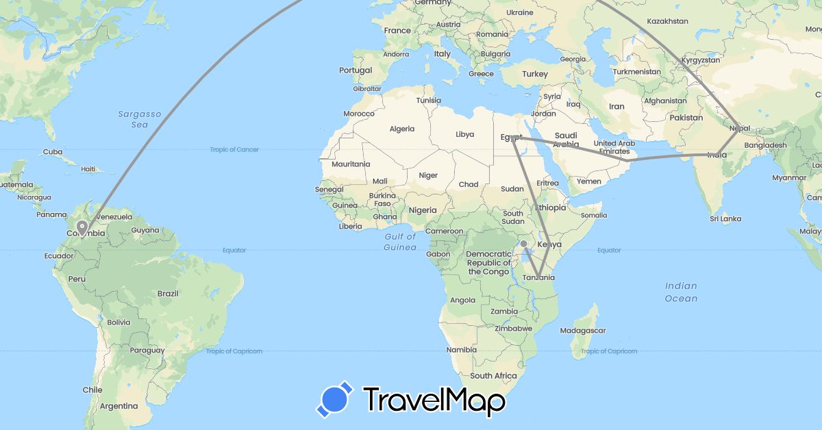 TravelMap itinerary: driving, plane in Colombia, Egypt, India, Kenya, Nepal, Oman, Tanzania, Uganda (Africa, Asia, South America)
